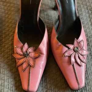 Lina Paolo, pink, leather heeled mules. Size 9.